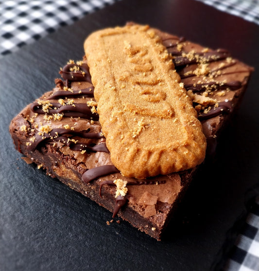 Close up image of a Biscoff Brownie