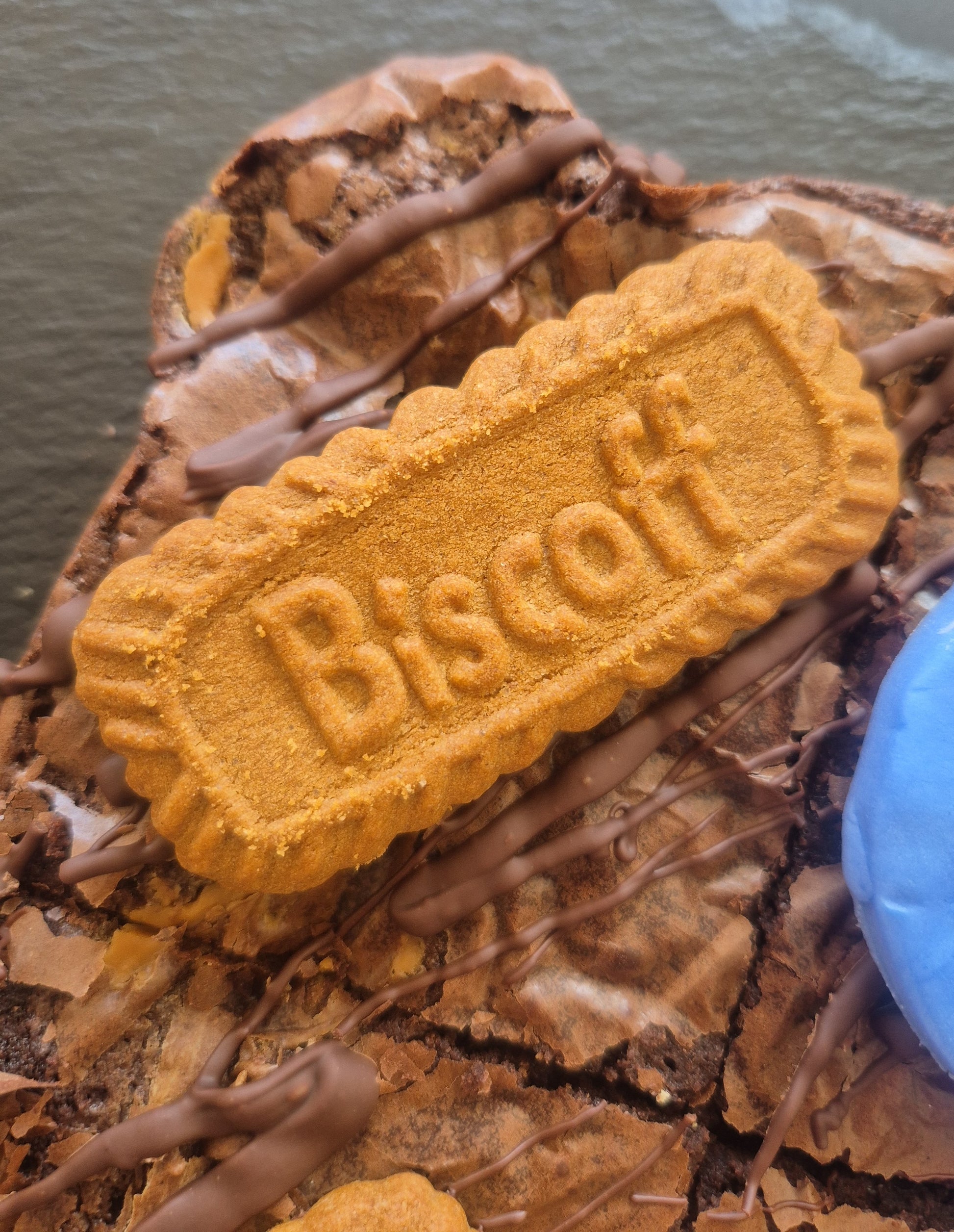 Biscoff biscuit on top of a chocolate brownie